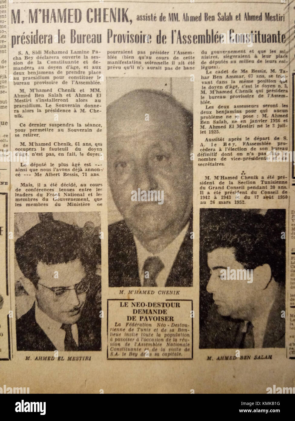 La Presse in Tunesien spielte 1956 eine entscheidende Rolle in der Medienlandschaft des Landes während der Zeit des Übergangs und der Unabhängigkeit. Die Zeitung berichtete von entscheidender politischer und sozialer Bedeutung über die postkolonialen Entwicklungen in Tunesien. Stockfoto
