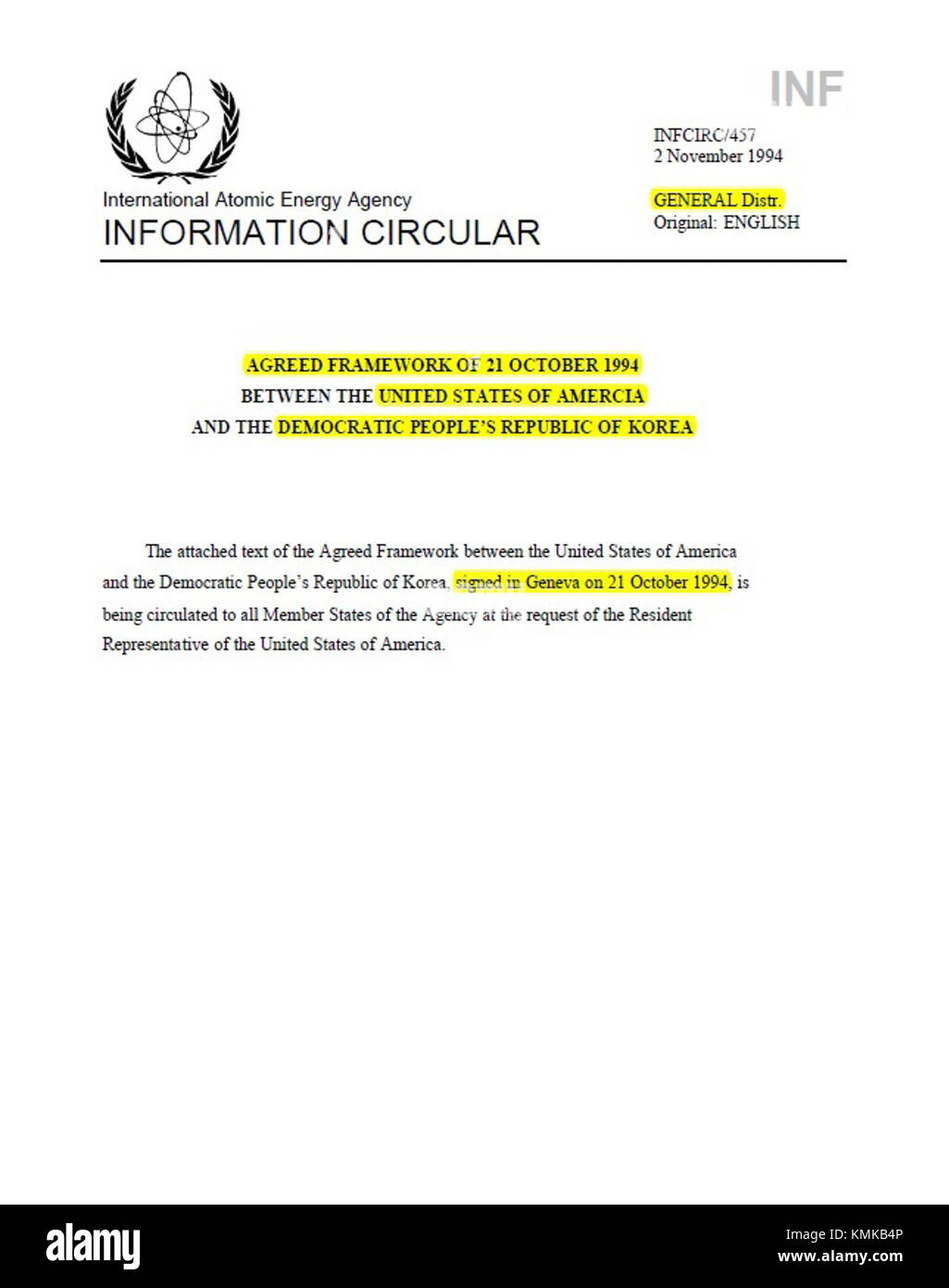 Der vereinbarte Rahmen von 1994 war ein zentrales Dokument in den internationalen Beziehungen, das darauf abzielte, die nuklearen Bedenken zwischen Nordkorea und den Vereinigten Staaten zu lösen. Das Deckblatt stellt die Bedeutung des Abkommens für die globale Diplomatie in den 1990er Jahren dar Stockfoto