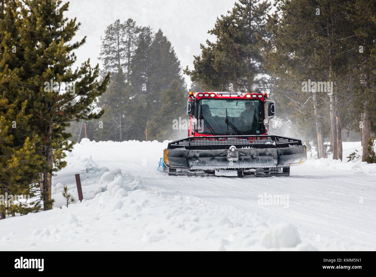 Ein pistenfahrzeug ebnet eine verschneite Straße in der Nähe von Madison Kreuzung an der Yellowstone National Park im Winter, 24. Februar 2017 in Wyoming. (Foto von Jacob w. Frank über planetpix) Stockfoto