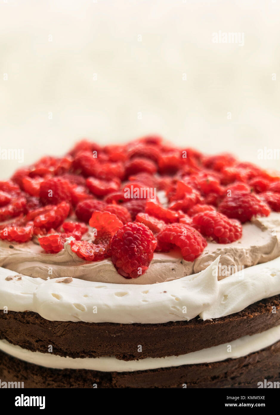Himbeeren auf Creme 2-in-1-Schokolade Kuchen gefüllt. Stockfoto