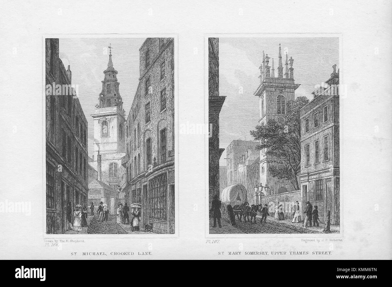 Kirchen St. Michael, Crooked Lane, St Mary Somerset, Upper Thames Street, Gravur 'Metropolitan Verbesserungen oder London im 19. Jahrhundert", London, England, Großbritannien 1828 Stockfoto