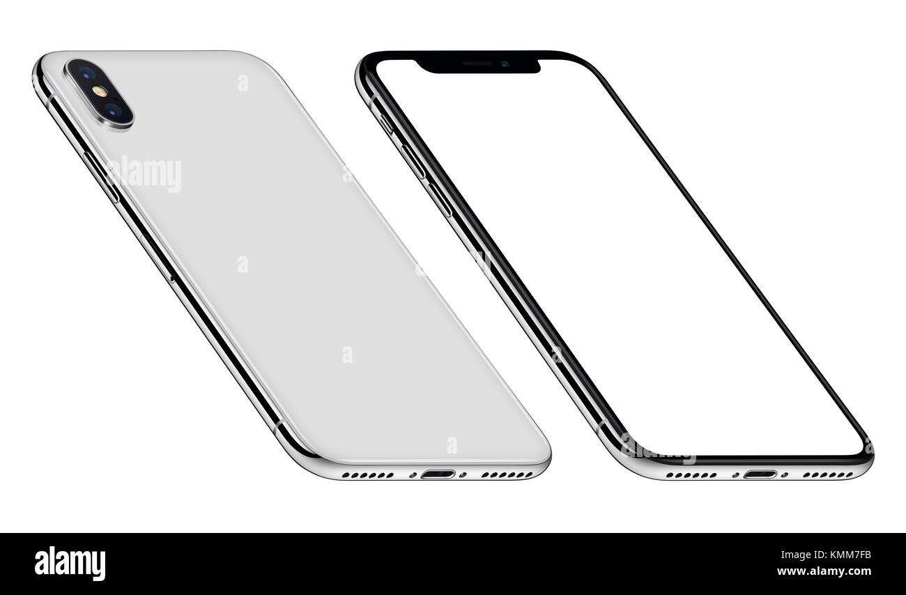 Weiße Perspektive Smartphones wie iPhone X mockup Vorder- und Rückseite GEGEN DEN UHRZEIGERSINN gedreht wird. Stockfoto