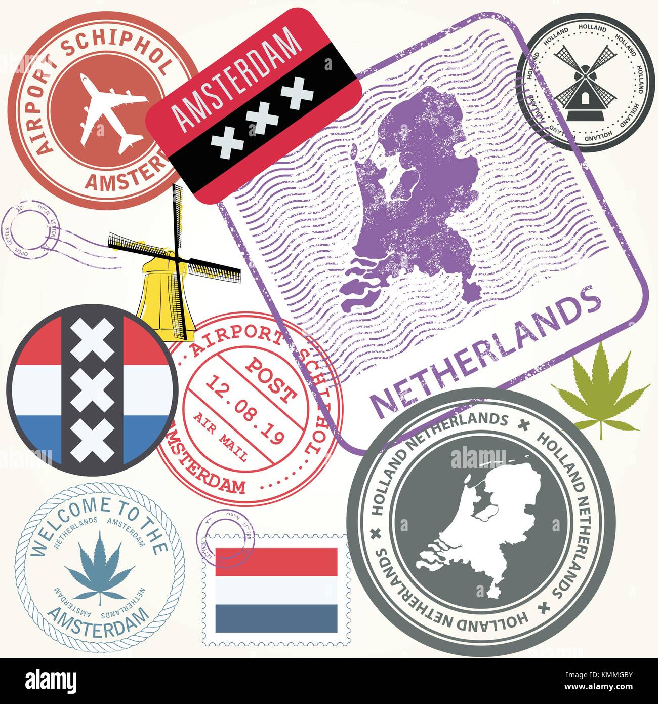 Niederlande reisen Stempel Set - Holland reise Symbole, Amsterdam Stock Vektor