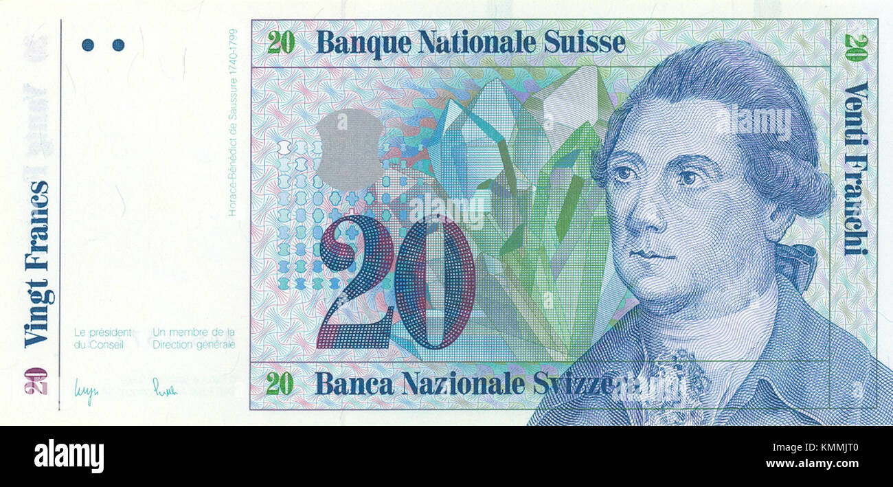 Ein horizontales Foto einer 20-7-Franken-Banknote mit Schwerpunkt auf der Vorderseite, einschließlich Sicherheitsfunktionen und Bildmaterial. Stockfoto