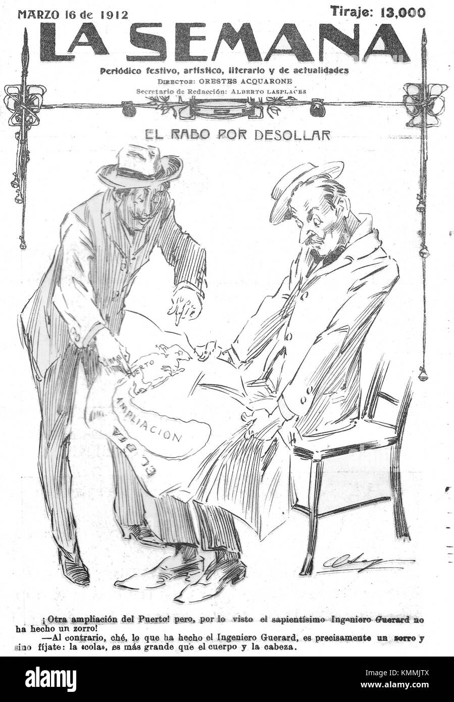 Diese Karikatur aus dem Jahr 1912 zeigt auf humorvolle Weise das geplante Erweiterungsprojekt des Hafens von Montevideo in Uruguay, wobei lokale Debatten und Bedenken über die Entwicklung hervorgehoben werden. Stockfoto