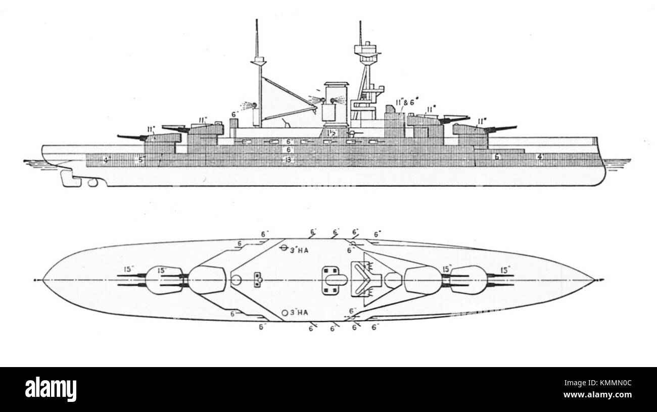 Die British Royal Sovereign Class Schlachtschiffe, die 1936 in dem Buch „Warships to-day“ beschrieben wurden, waren eine Klasse mächtiger Marineschiffe, die von der Royal Navy eingesetzt wurden. Die Klasse repräsentierte die britische Marinestärke im frühen 20. Jahrhundert. Stockfoto