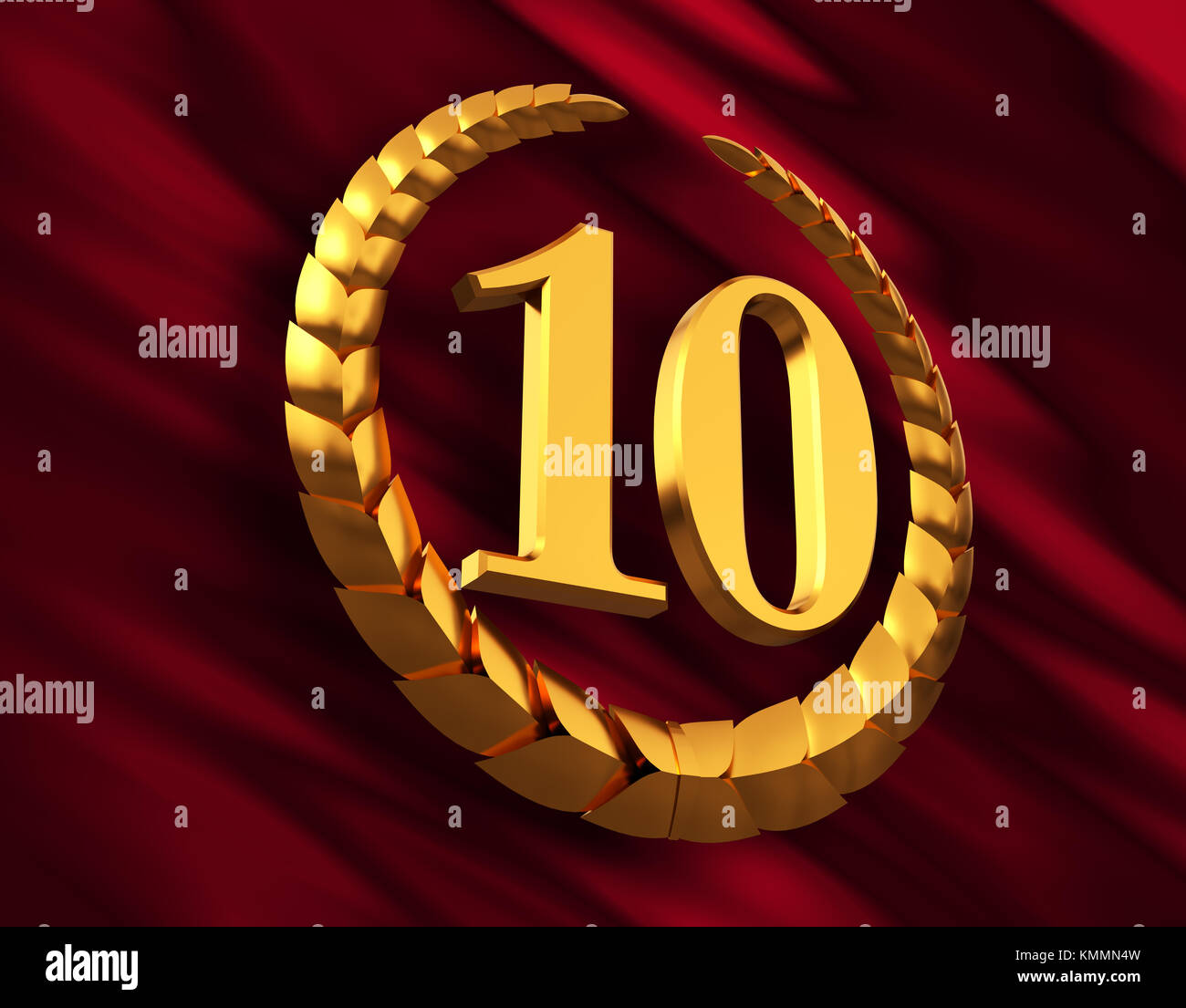 Jahrestag goldenen Lorbeerkranz und Ziffer 10 auf Red Flag Stockfoto