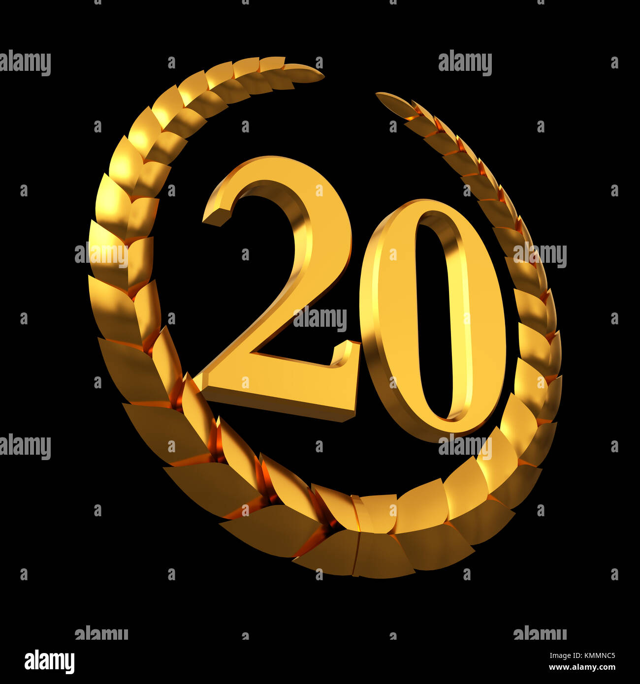 Jahrestag goldenen Lorbeerkranz und Ziffer 20 auf schwarzem Hintergrund Stockfoto