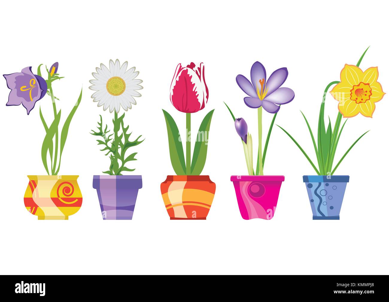 Frühling Blumen in Töpfe, auf weißem Hintergrund, Vector Illustration Stock Vektor