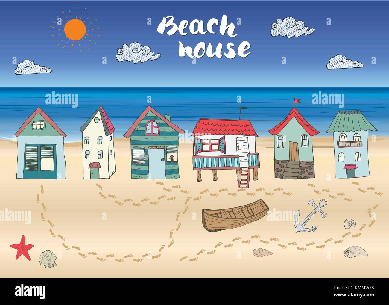 Strand Hütten und Bungalows, Hand gezeichnet Umrissfarbe Doodle mit Licht Haus Holz- Boot setzen und Anker, Muscheln und Spuren am Sandstrand, Vektor Stock Vektor