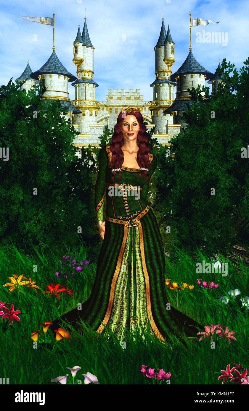Prinzessin trägt ein grünes Kleid vor einem Schloss Stockfotografie - Alamy