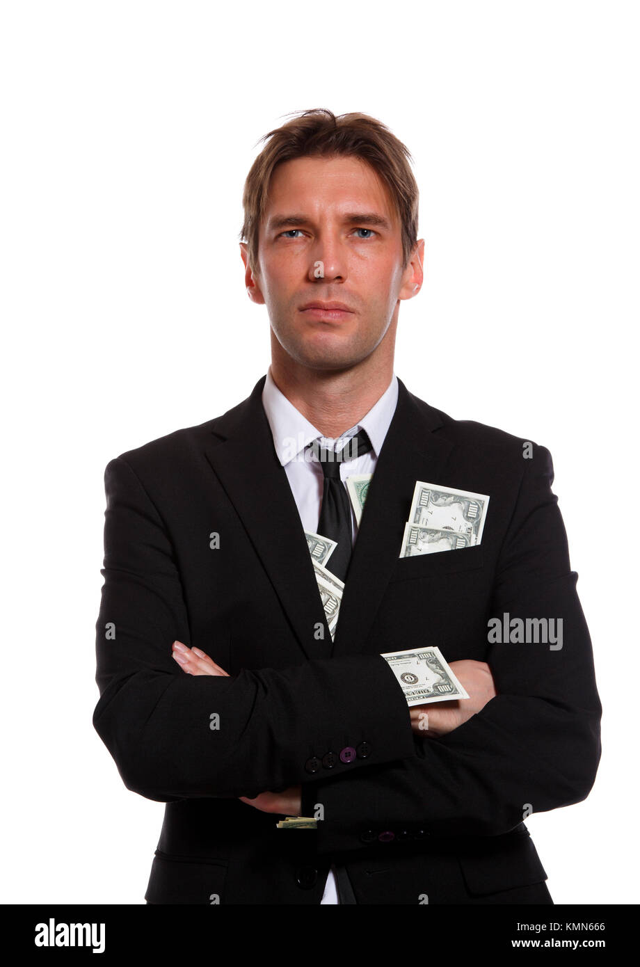 Bild der Mann im Anzug mit Dollars in der Tasche Stockfoto