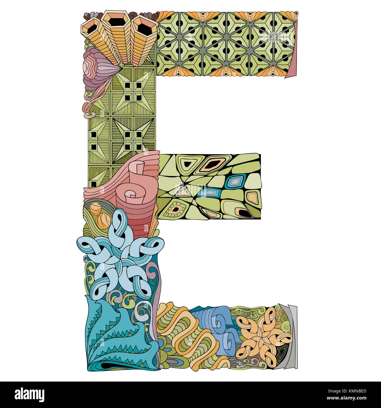 Handgemalte Kunst Design. Buchstabe e zentangle Objekt. Stock Vektor