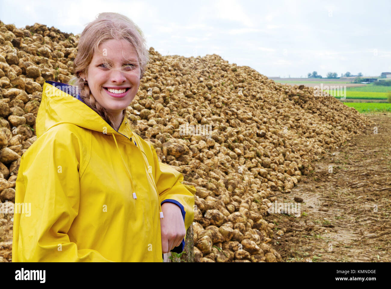 Junge Landwirt vor einem Haufen mit Zuckerrüben Stockfoto