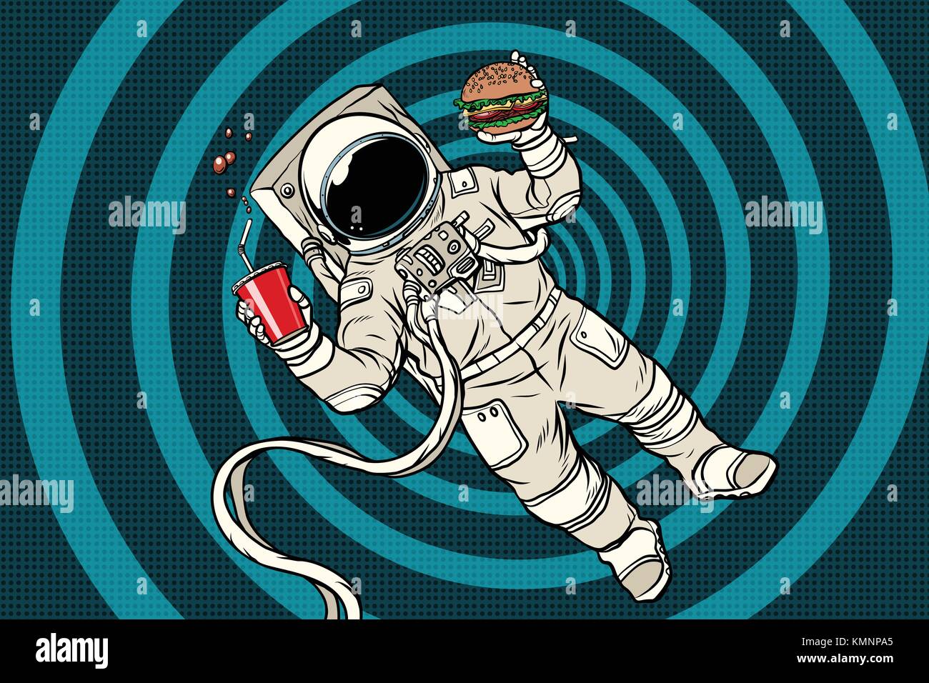 Astronauten in der Schwerelosigkeit mit fast food. pop art retro Vektor illustration Stock Vektor