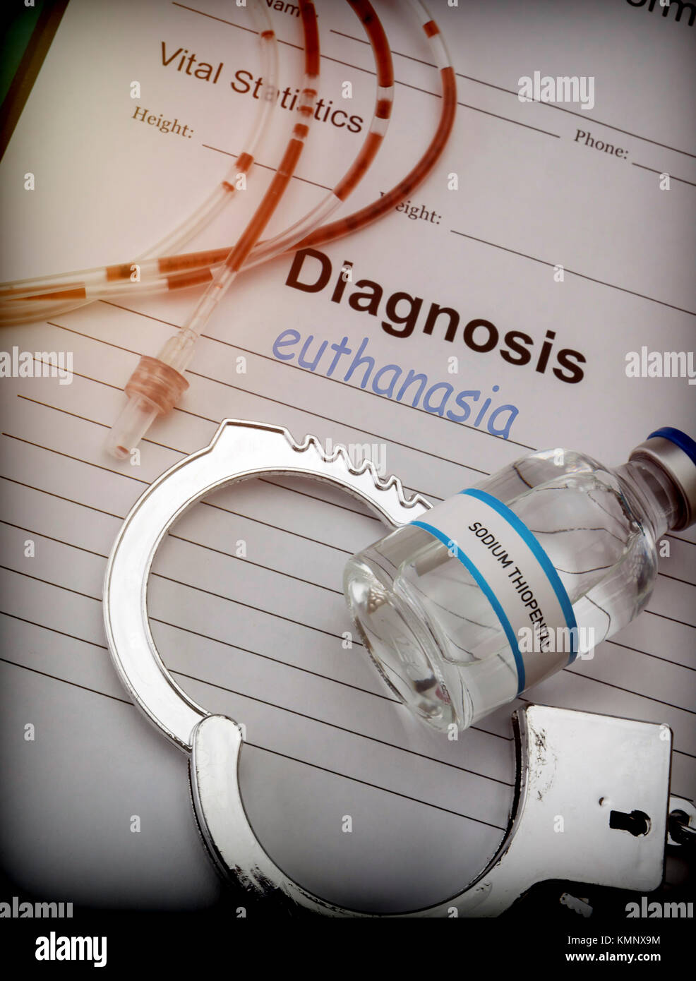 Form der Diagnose und Lösung der Euthanasie, Injektion von lebensgefährlichen Natrium thiopental Anästhesie, konzeptionelle Bild Stockfoto