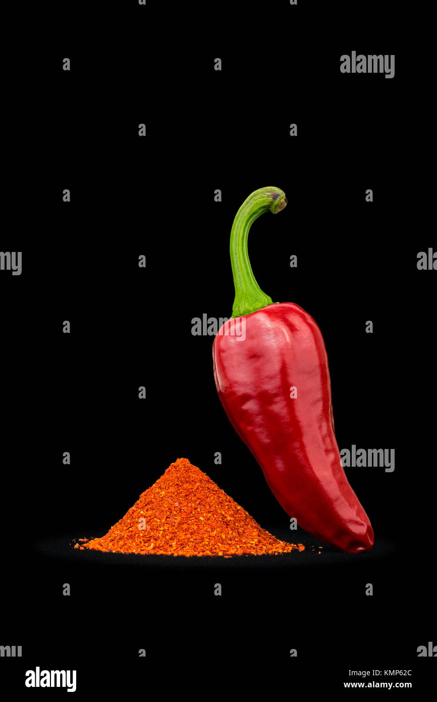 Eine Espelette Chili und Pulver (Capsicum annuum) fotografiert auf einem schwarzen Hintergrund. Piment d'Espelette. Red Chili. Stockfoto