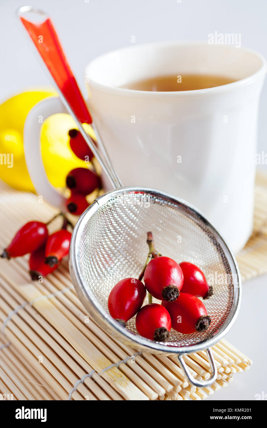 Canina rosa Heilung Tee mit reife rote Beeren/rose hip Getränk/šípkový Čaj/Pometum Stockfoto