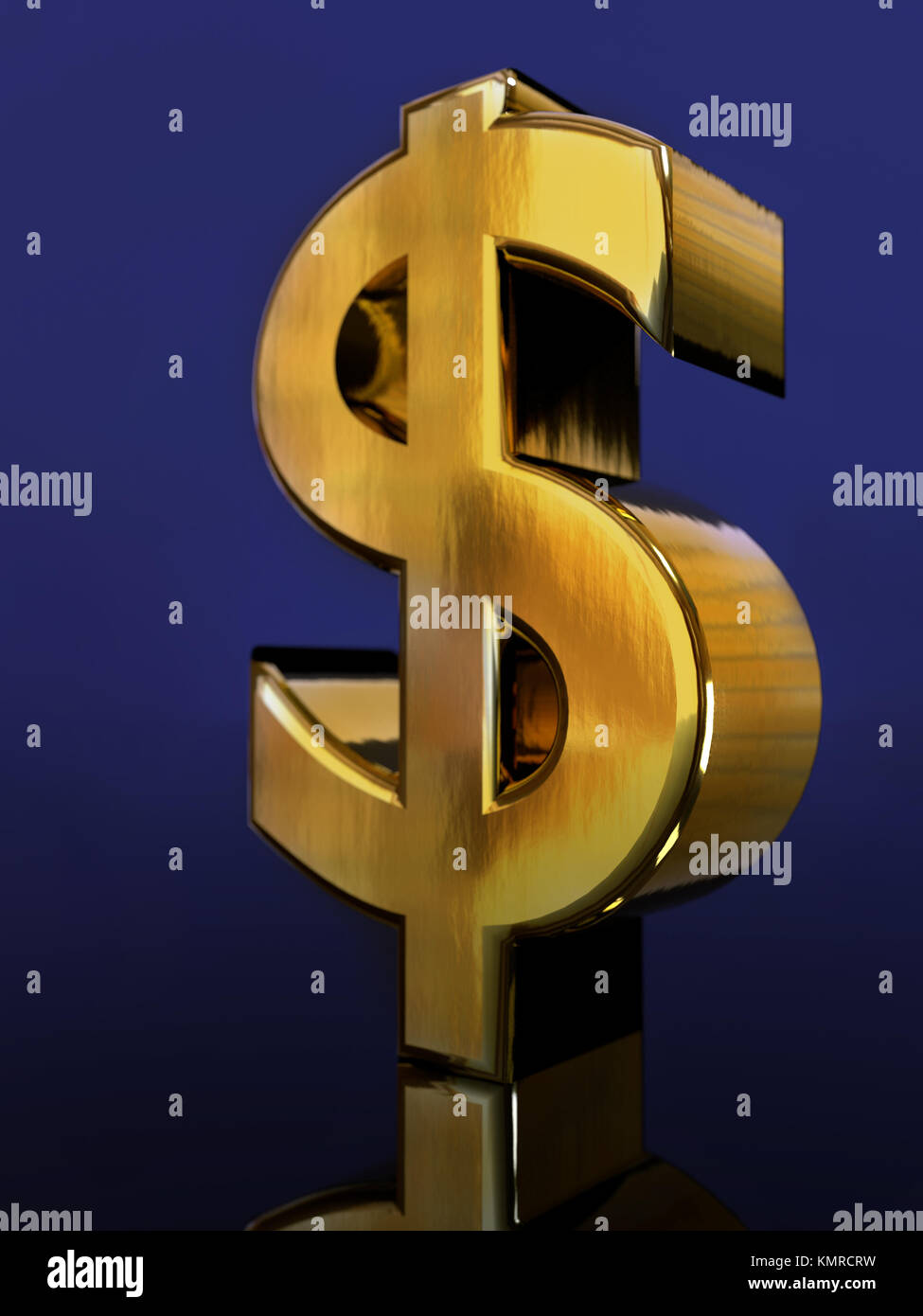 3D-Rendering von Golden USD Währungssymbol auf dunkelblauem Hintergrund Stockfoto