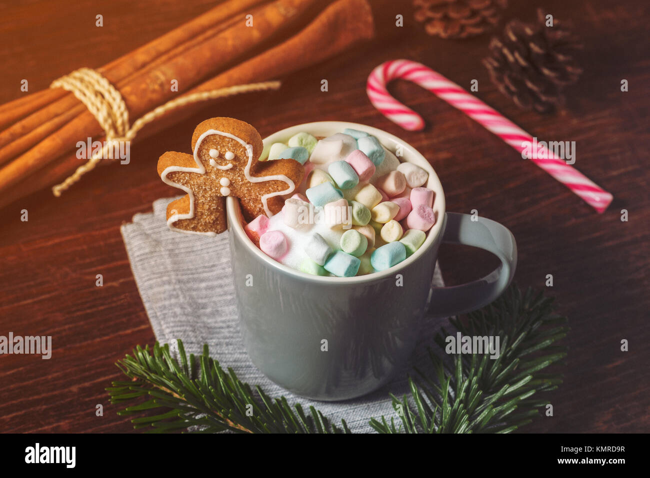 Marshmallows und Lebkuchen Cookie in Tasse heiße Schokolade Stockfoto