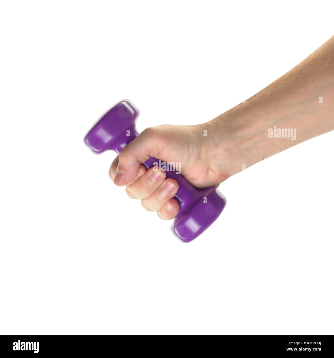 Objekte Hände Aktion - Hand Violett Hantel hält isoliert weißer Hintergrund. Stockfoto