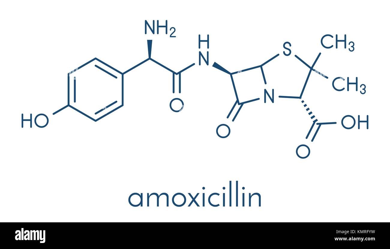 Amoxicillin Beta-Laktam-Antibiotikum Medikament Molekül. Skelettmuskulatur Formel. Stock Vektor