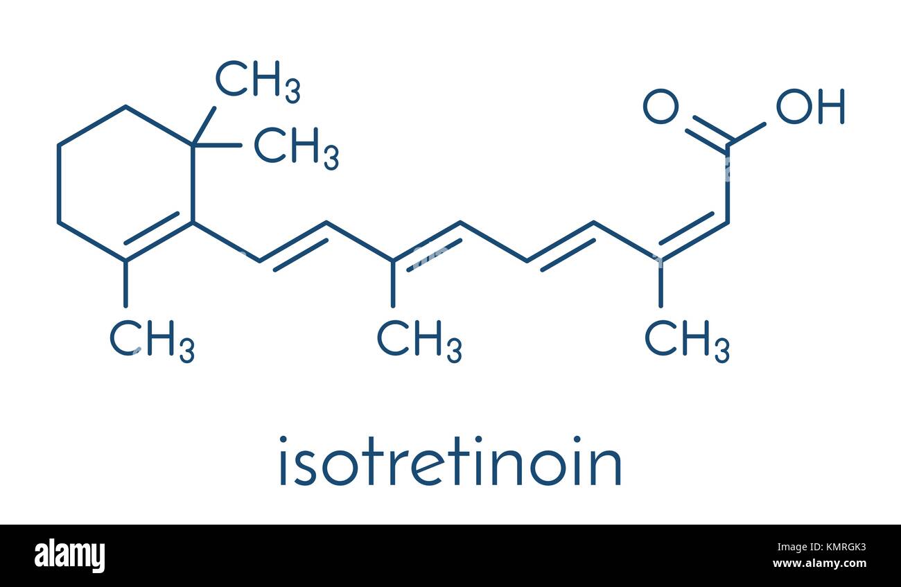 Isotretinoin Akne Behandlung Droge Molekül. bekannte Ein teratogen (Ursachen Geburtsschäden). Skelettmuskulatur Formel. Stock Vektor