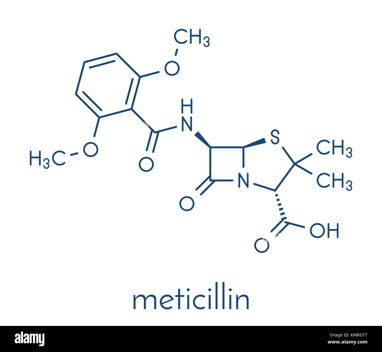 Methicillin Antibiotikum Medikament (beta-Lactam class) Molekül. Mrsa ist die Abkürzung für Methicillin-resistente Staphylococcus aureus. Skelettmuskulatur Formel. Stock Vektor
