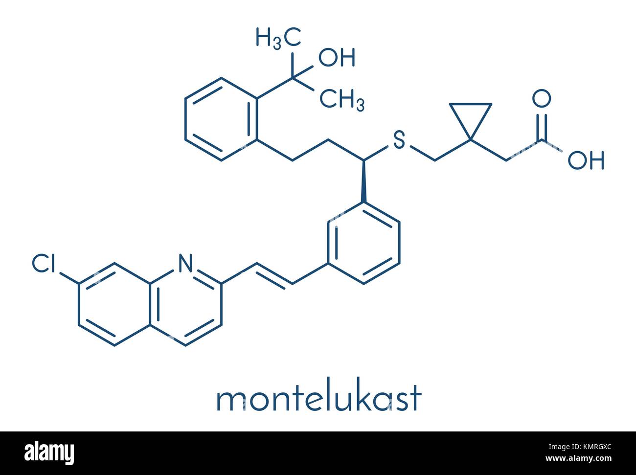 Montelukast Asthma und Allergien der Atemwege Droge Molekül. Skelettmuskulatur Formel. Stock Vektor