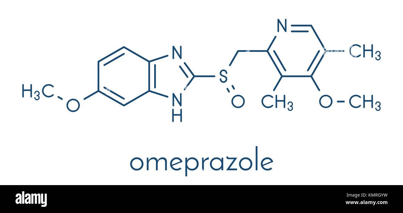 Omeprazol Dyspepsie und peptisches Magengeschwür Medikament (protonenpumpenhemmer) Molekül. Skelettmuskulatur Formel. Stock Vektor