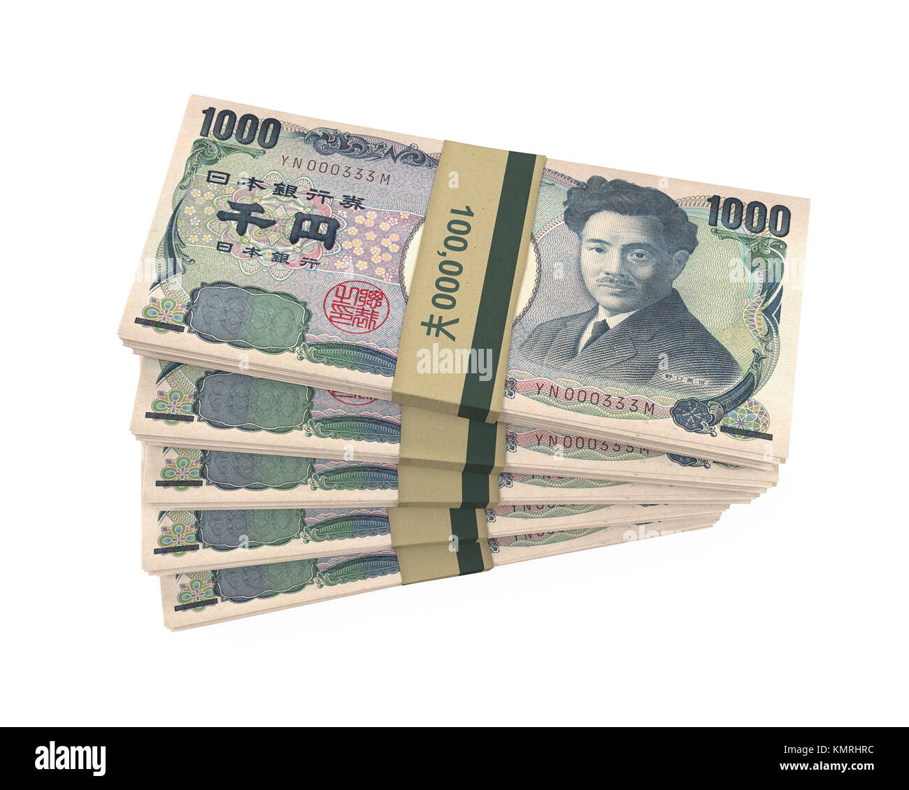 Stapel von 1000 Yen isoliert Stockfoto