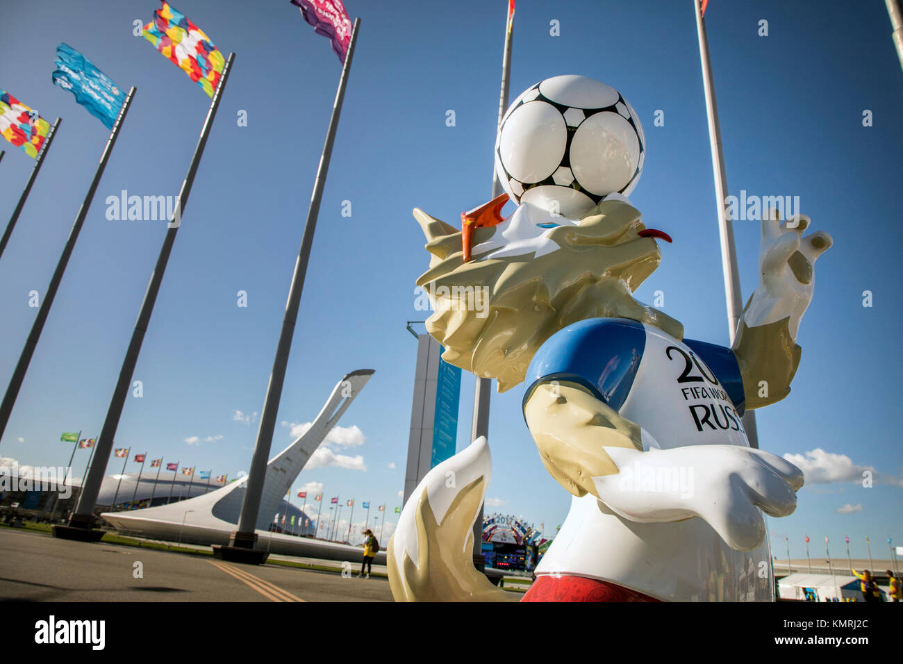 Detailansicht der Maskottchen der WM 2018, 'Zabivaka' ist auf dem Platz der Olympic Park in Sotschi, Krasnodar, Russland installiert Stockfoto