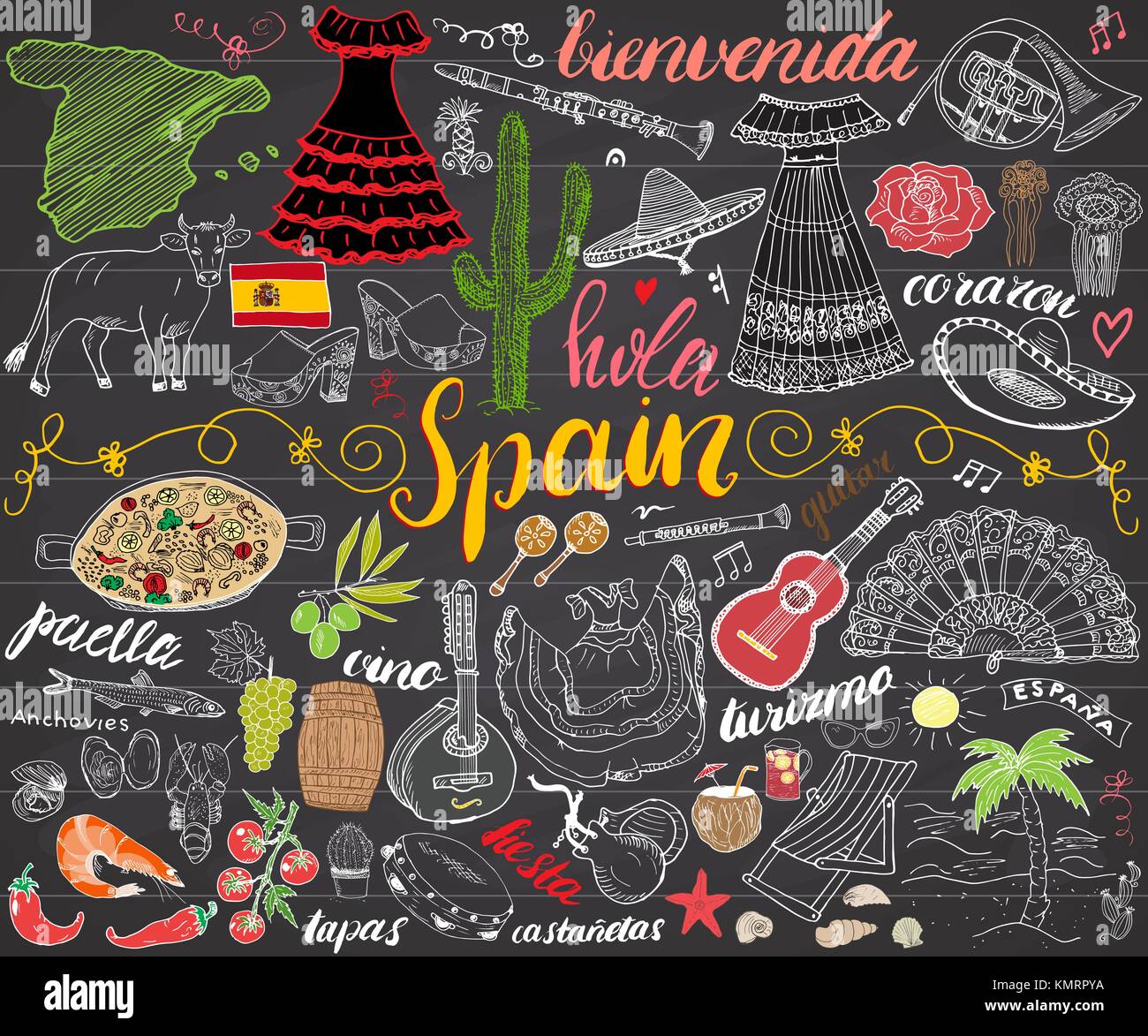 Spanien hand gezeichnete Skizze Set Vector Illustration Schiefertafel. Stock Vektor