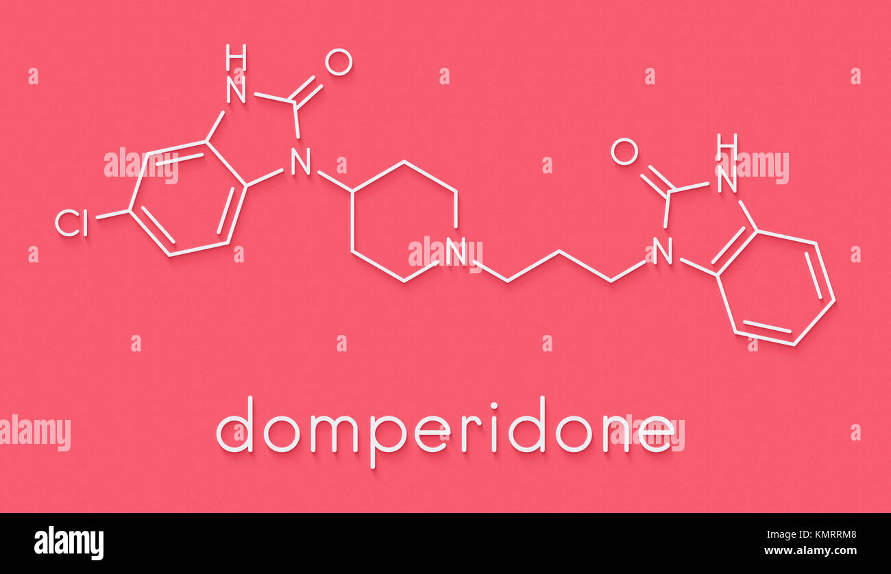 Domperidon Übelkeit und Erbrechen unterdrücken Droge Molekül. Auch verwendet, um die milchbildung zu fördern. Skelettmuskulatur Formel. Stockfoto