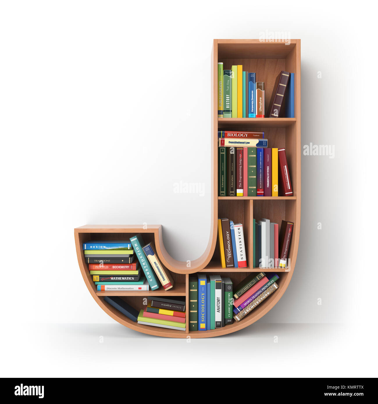 Brief J. Alphabet in Form von Regalen mit Büchern isoliert auf Weiss. 3D-Darstellung Stockfoto