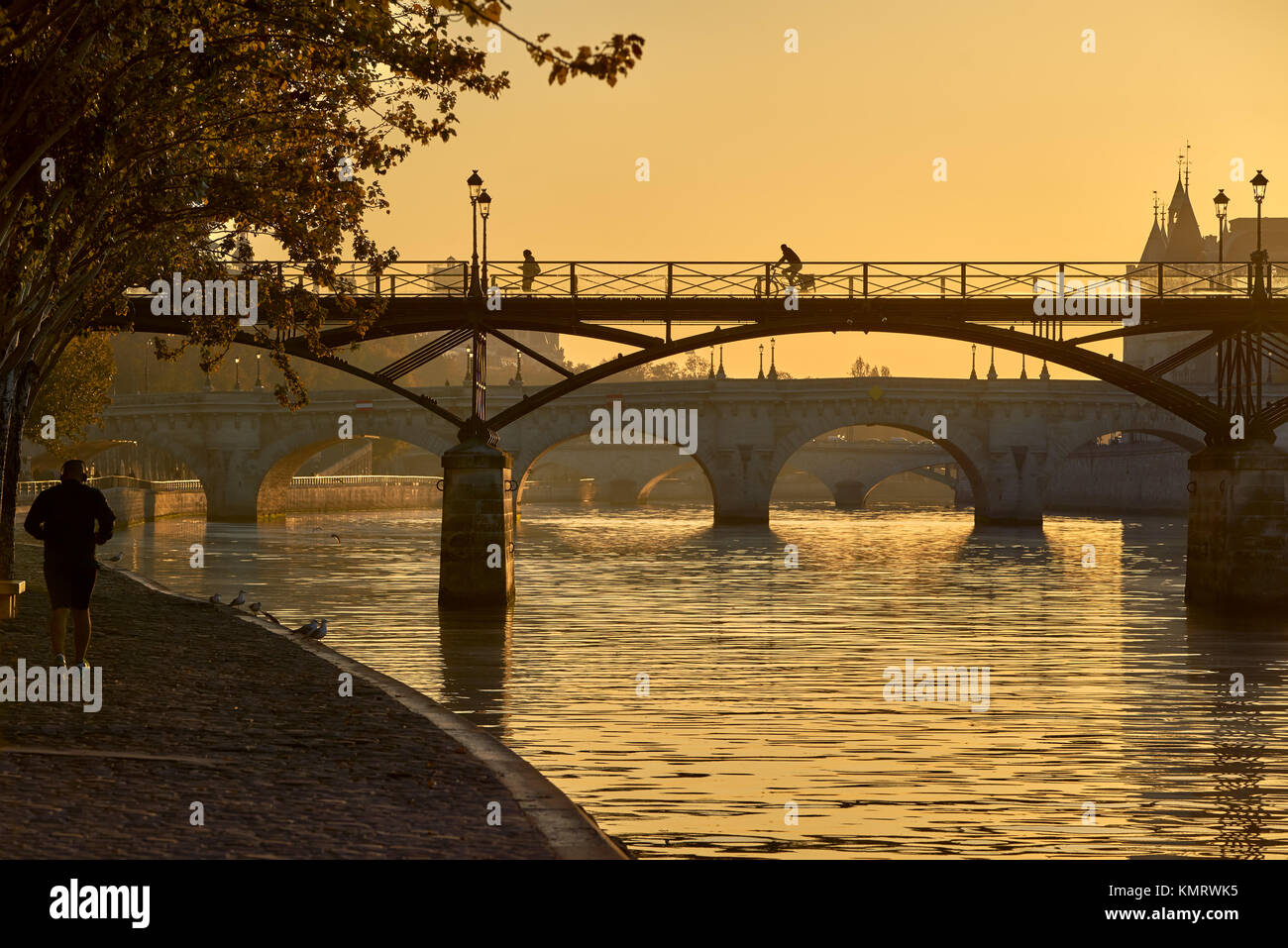 Sonnenaufgang über den Pont des Arts, Pont Neuf und der Seine Banken. Ile de la Cite, 1. Arrondissement, Paris, Frankreich Stockfoto