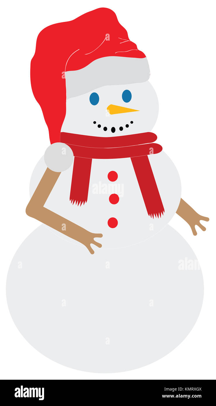 Santa Claus Weihnachten Schneemann mit Hut oder Mütze Schal und Karotten Nase auf weißem Hintergrund. Traditionelle Weihnachtsverzierung Icons und Symbole in Stockfoto