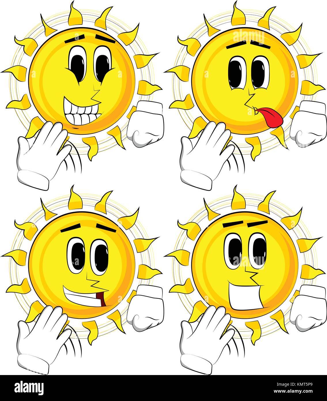 Cartoon Sun selbst Kühlung mit seiner Hand. Sammlung mit glücklichen Gesichtern. Ausdrücke Vektor einrichten. Stock Vektor