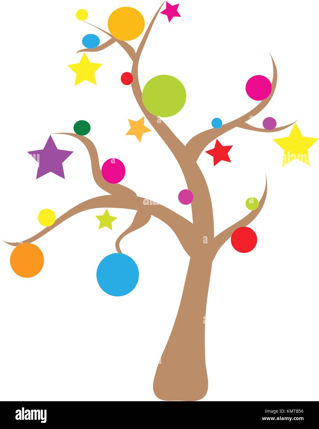 Weihnachten nackten Baum mit Kugeln oder Kugeln und Sterne auf weißem Hintergrund. Traditionelle Weihnachtsverzierung Icons und Symbole im eps 10 Vektor Stock Vektor