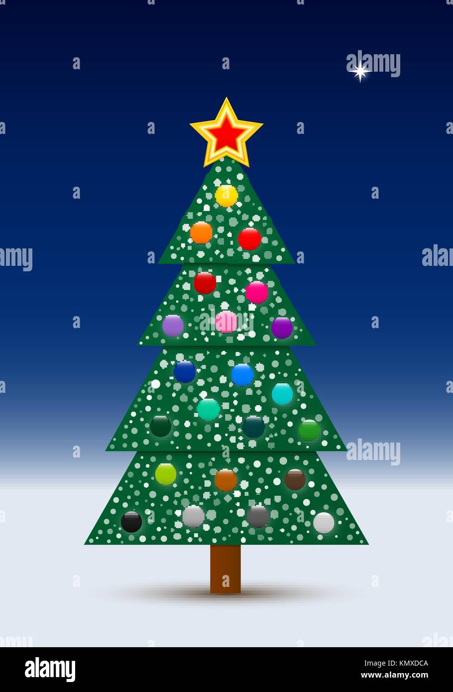 Vektor Weihnachtsbaum mit Kugeln und Schnee in der klaren Nacht dekoriert mit einer North Star. Stock Vektor
