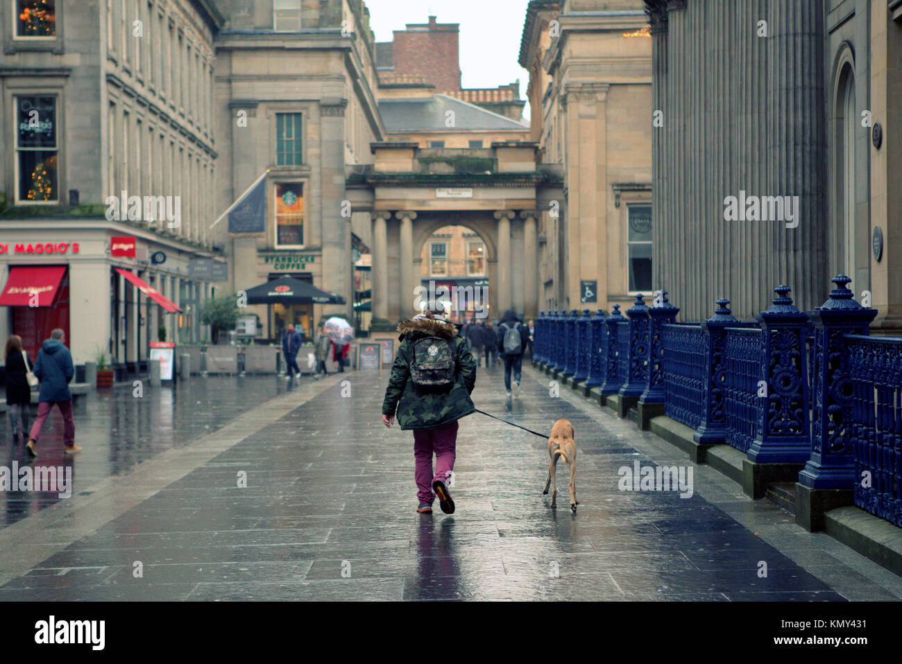 Lustig, Mann, Hund auf nasser Straße Royal Exchange Square Glasgow gesehen von hinten in der Perspektive Stockfoto