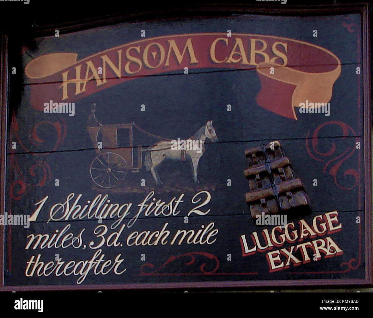 Englisch Hansome Cab Zeichen angezeigt Fahrpreise - horse-drawn Transport Stockfoto