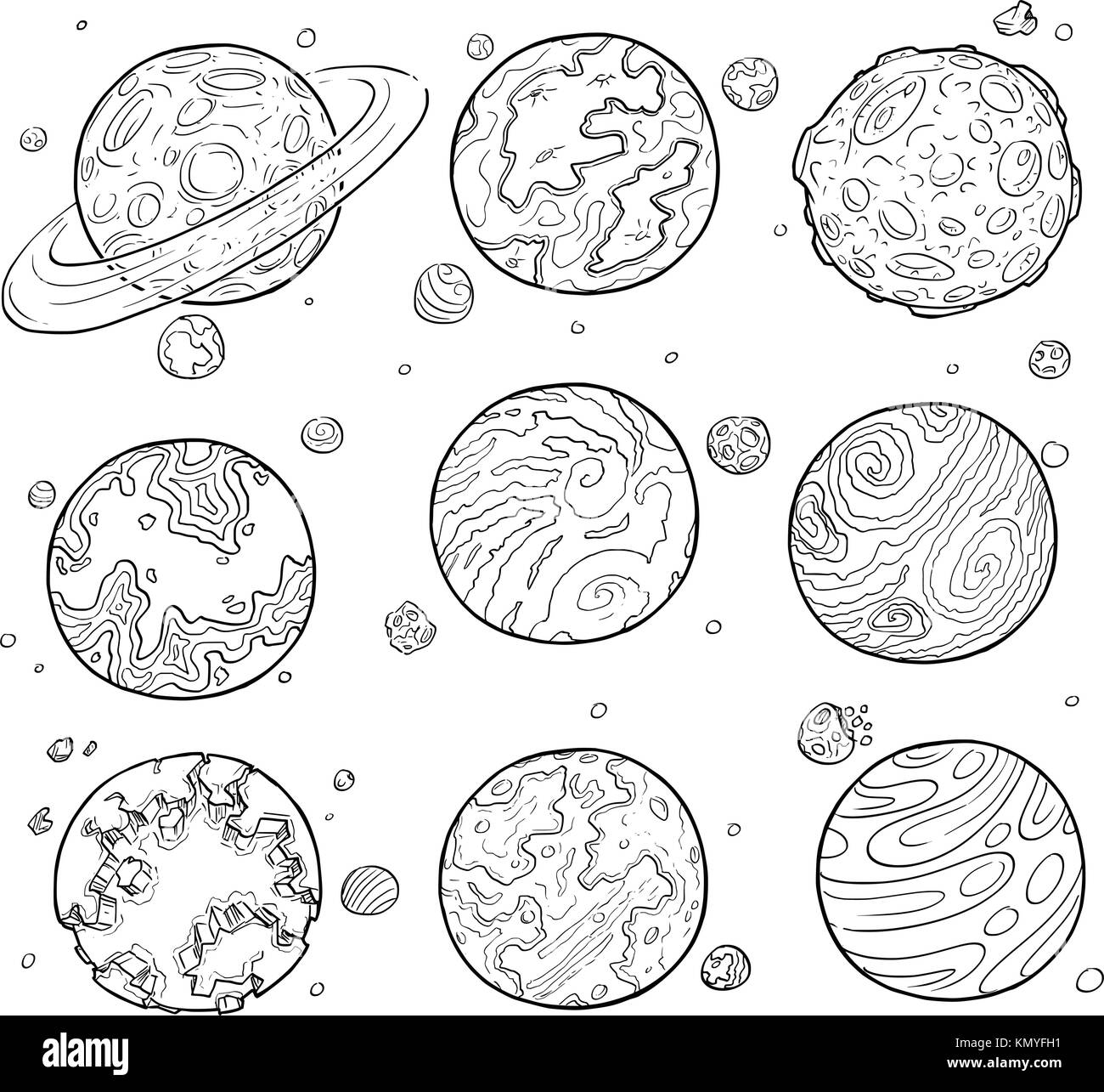 Eingestellt von Cartoon Vektor doodle Zeichnung Abbildung von fremden Planeten und Monde. Stock Vektor