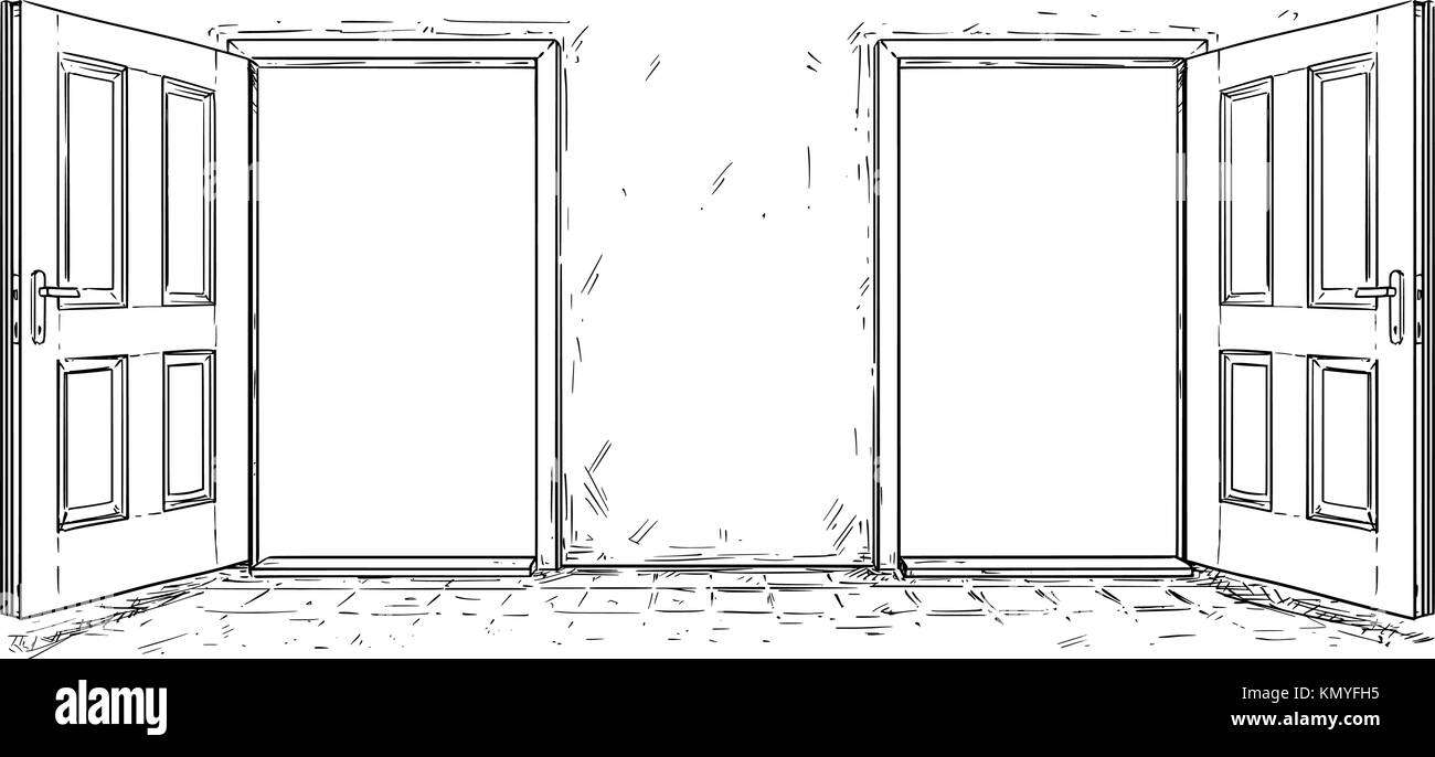 Cartoon Vektor doodle Zeichnung von zwei offene Holz- entscheidung Tür. Zwei Möglichkeiten oder Möglichkeiten. Stock Vektor