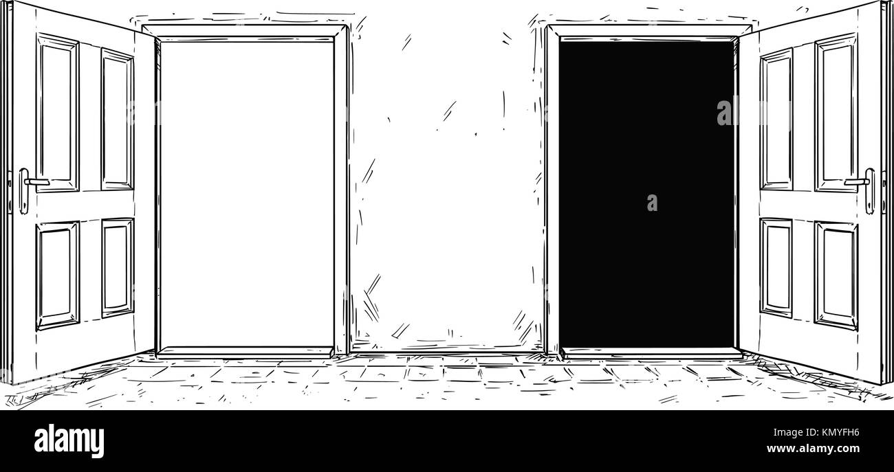 Cartoon Vektor doodle Zeichnung von zwei offene Holz- entscheidung Tür. Zwei Möglichkeiten oder Möglichkeiten. Stock Vektor
