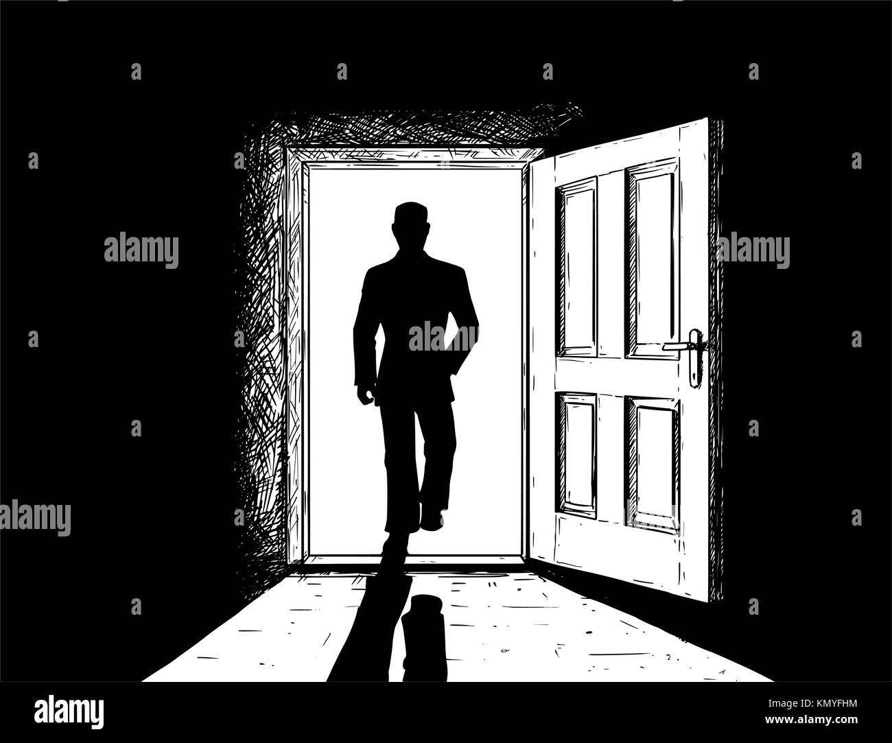 Cartoon Vektor doodle Zeichnung Abbildung: Offene Holz- entscheidung Tür und Mann im Anzug zu Fuß in das oder aus dem Licht. Stock Vektor