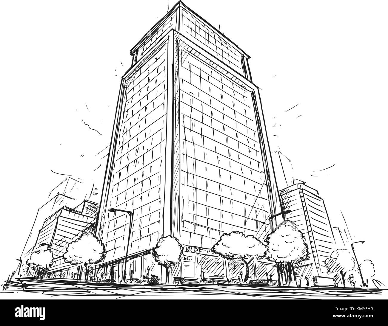 Cartoon vektor Bauzeichnung Skizze Abbildung: Stadt Straße mit hohes Gebäude. Stock Vektor