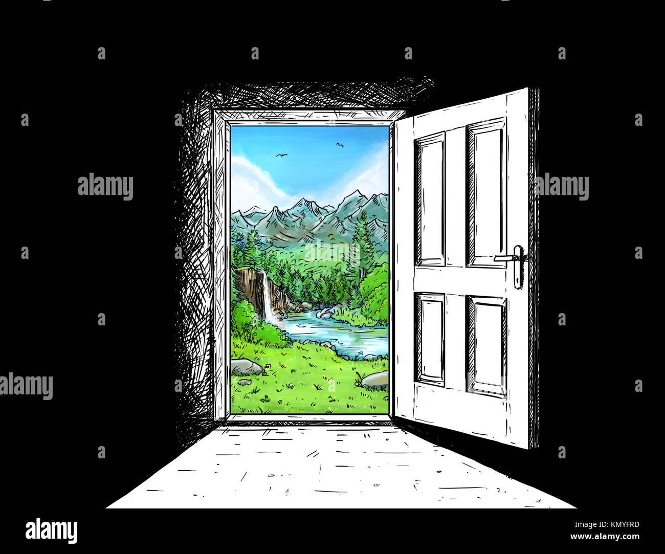Cartoon Vektor doodle Zeichnung Abbildung: offene Holztür und wunderschöne Berglandschaft hinter als Konzept für Reise oder zur Natur oder Fre zurück Stockfoto