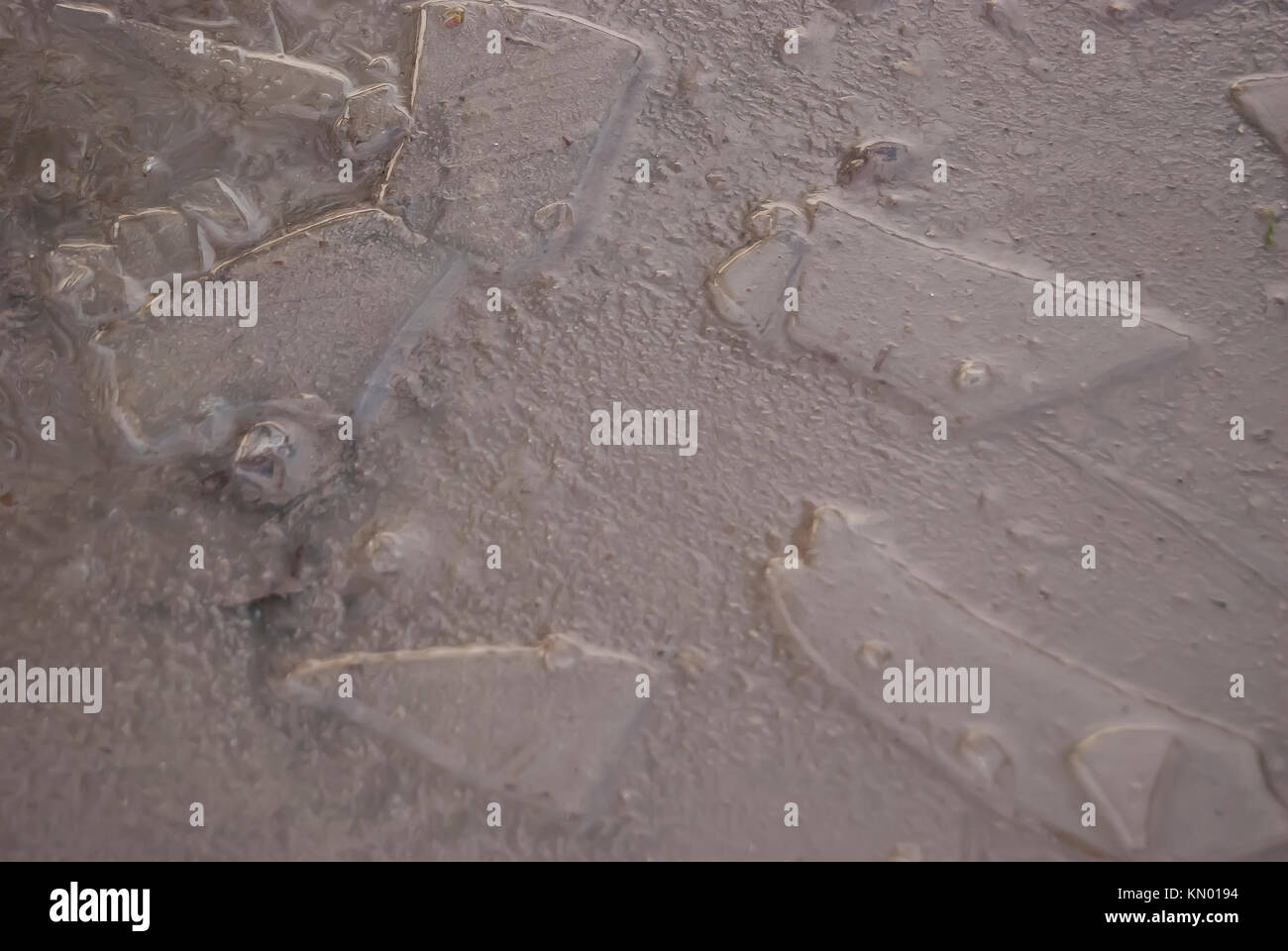 Einen gefrorenen Pfütze von schlammigen Wasser auf der Straße. Die Textur ist geeignet für den Hintergrund. Stockfoto