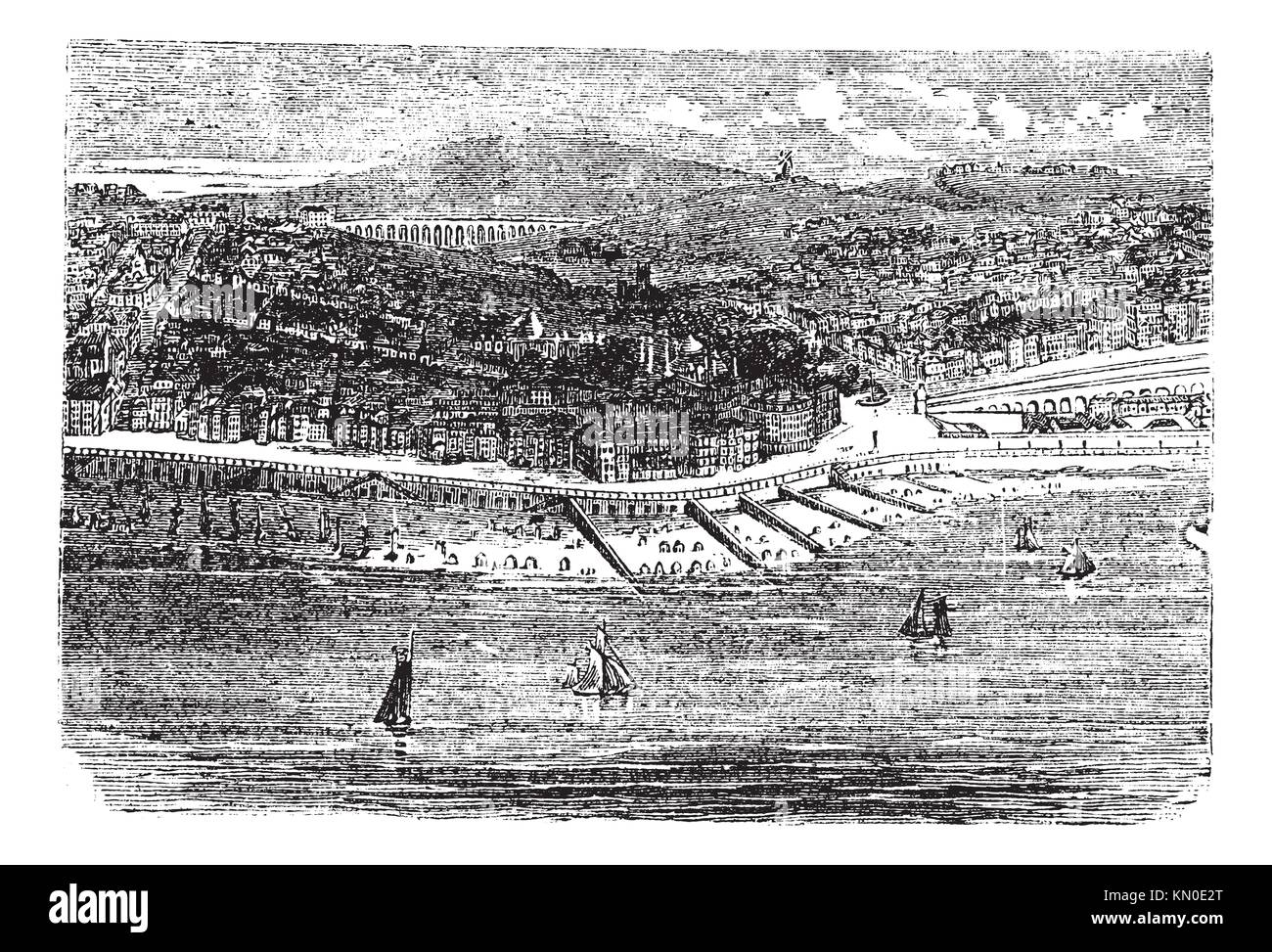 Vektor der historischen Gebäude in Brighton mit Segelboote Segeln im Vordergrund Stockfoto